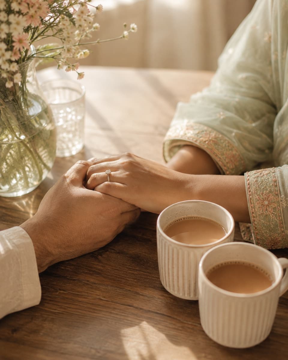 Two cups of chai and gently held hands on a sunlit kitchen table