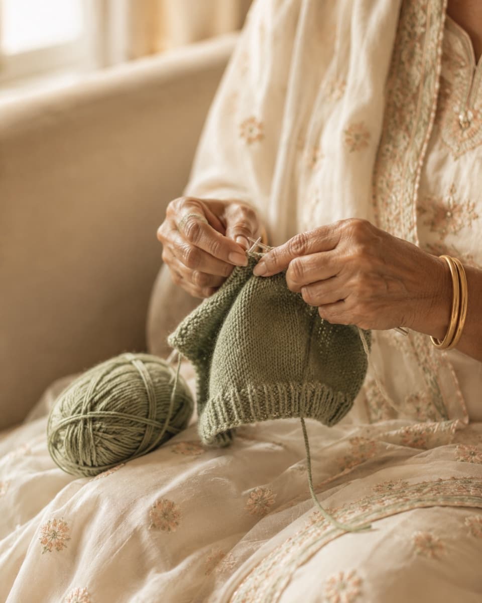 Bibi ji's hands knitting a tiny sage-green baby sweater