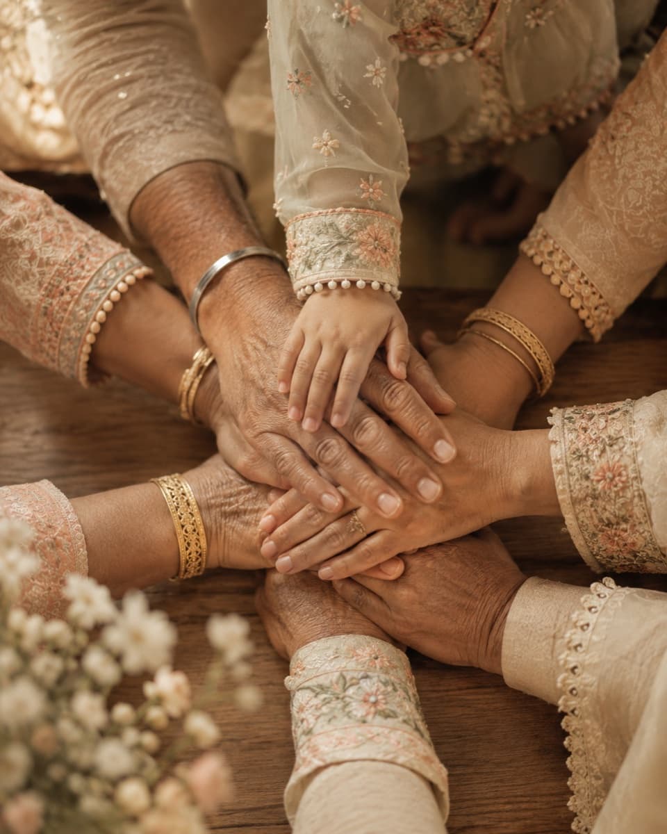 The whole family's hands stacked together, a child's hand on top