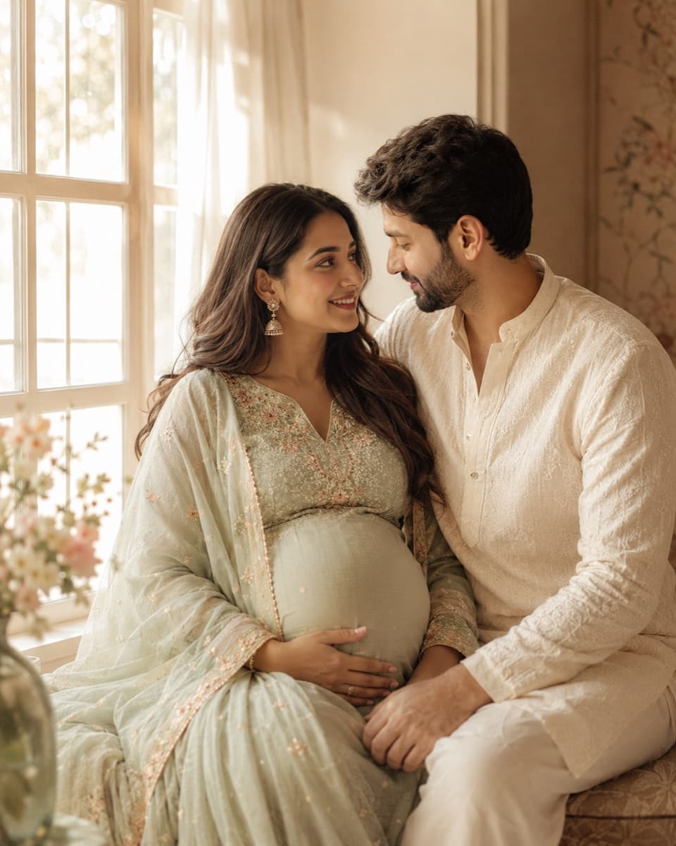 Simran and Arjun seated by a sunlit window, her hand resting on her belly